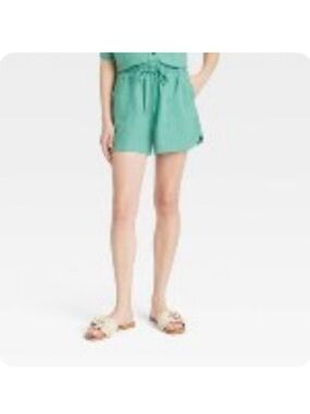 Green High-Waist Drawstring Linen-Blend Shorts